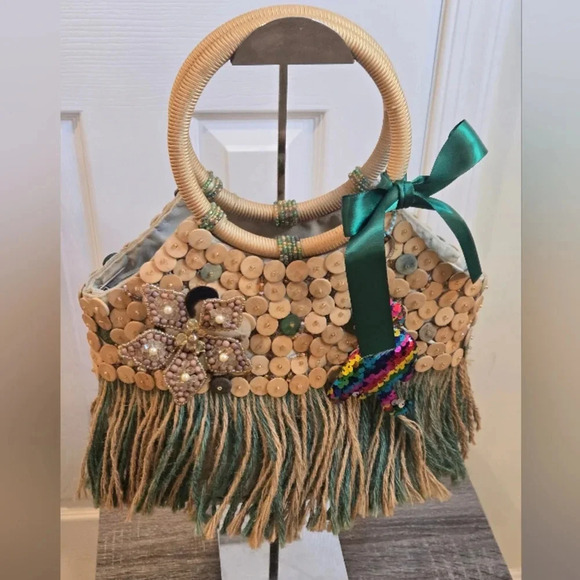 Mido Multicolor Fringe Beaded Beach Bag with Wooden Handles Summer - Picture 1 of 12